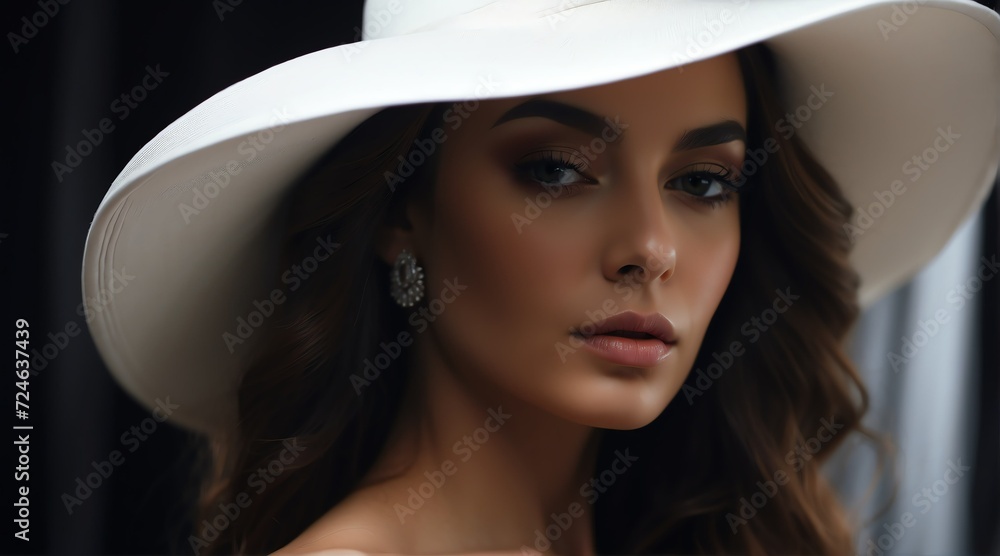 Portrait of a beautiful elegant woman wearing luxurious white hat on black background from Generative AI Portrait of a beautiful elegant woman wearing luxurious white hat on black background from Generative AI