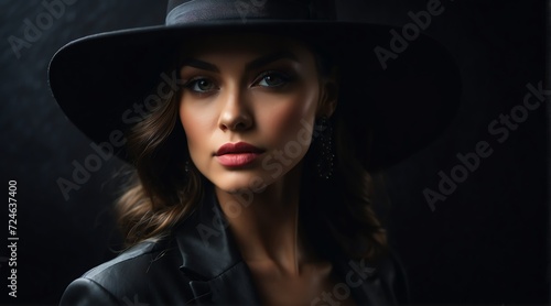 Portrait of a beautiful elegant woman wearing luxurious black hat on black background from Generative AI