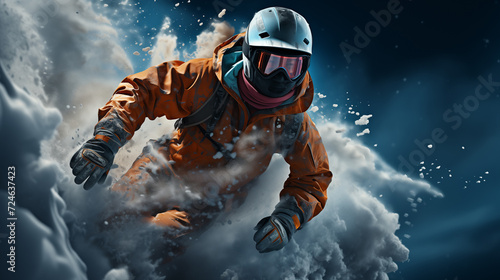 Dynamic Action Shot of a Snowboarder in Bright Orange Gear Speeding Down a Snowy Mountain Slope with Snow Particles Flying