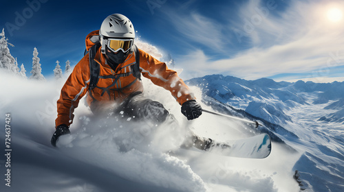 Energetic Snowboarder in Orange and Teal Attire Making a Sharp Turn on a Pristine Snow-Covered Mountain under a Clear Blue Sky