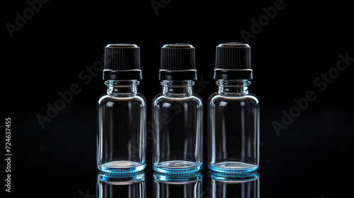 Three Transparent Glass Vials with Black Caps Lined Up on a Reflective Dark Surface with Blue Hues