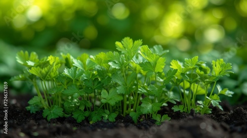Fresh and green parsley grows in a bright beautiful garden bed