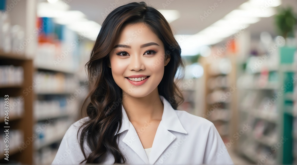 Portrait of smiling happy asian female pharmacist on a drug store background from Generative AI Portrait of smiling happy asian female pharmacist on a drug store background from Generative AI