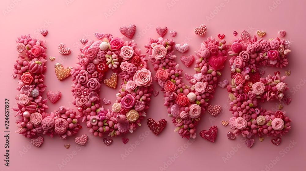 Word LOVE made out of flower on pink background. Flat lay. Love concept. Word LOVE made out of flower on pink background. Flat lay. Love concept.