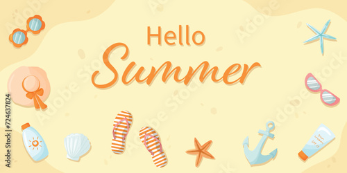 Hello summer banner. Summer greeting vector background. Hello summer text with beach accessories, flip flops, sunscreen, starfish, sunglasses, etc. Beach accessories on the sandy beach. Top View.