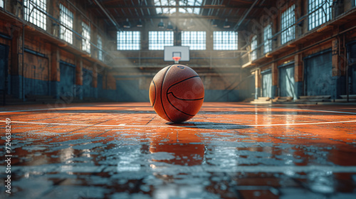 Basketball rests on a glossy, well-worn court in an empty gym photo
