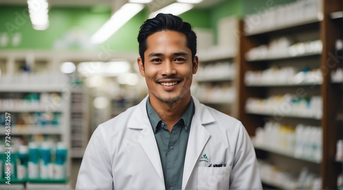 Portrait of smiling happy filipino male pharmacist on a drug store background from Generative AI