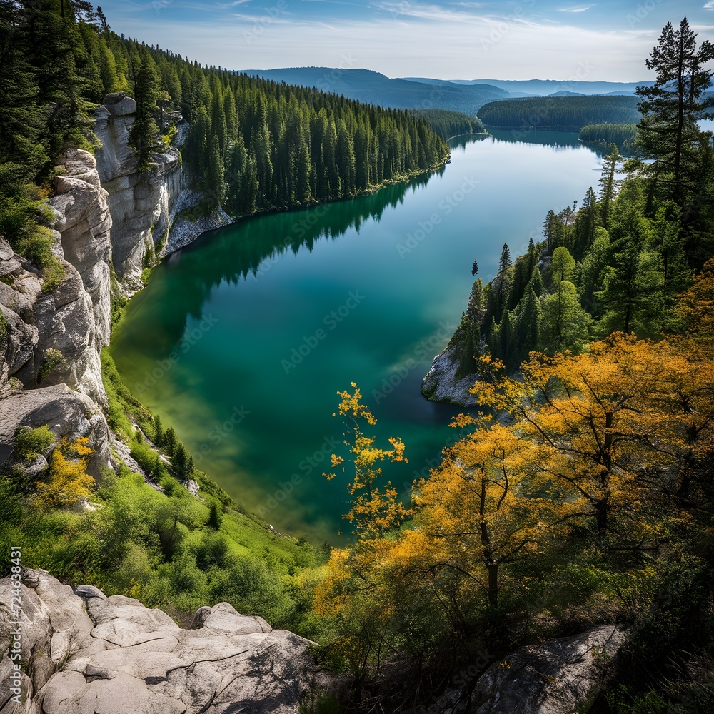 Fototapeta premium View of the lake on a serene cliff.