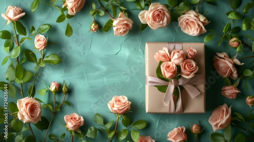 Luxury Gift Box with Roses on a Green Background