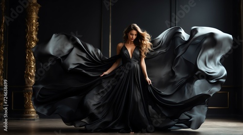 Beautiful woman in black long dress with flying luxury silk wavy fabric from Generative AI