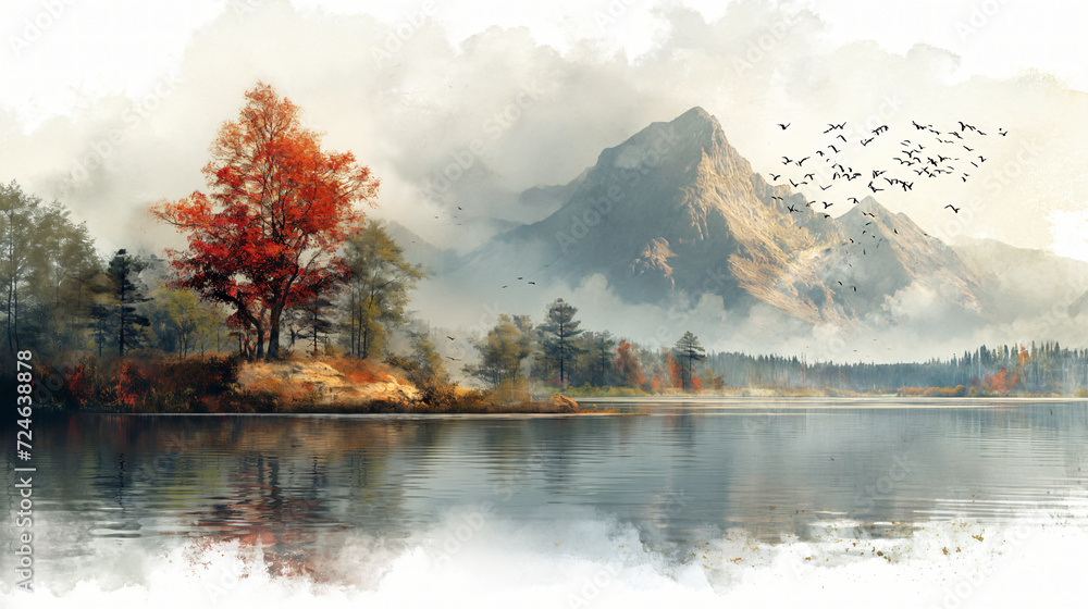 A beautiful fantasy landscape on a white background. Mountains, trees, fog. Watercolor painting. Abstract intricate splashes of paint on a white background. Generative AI.	