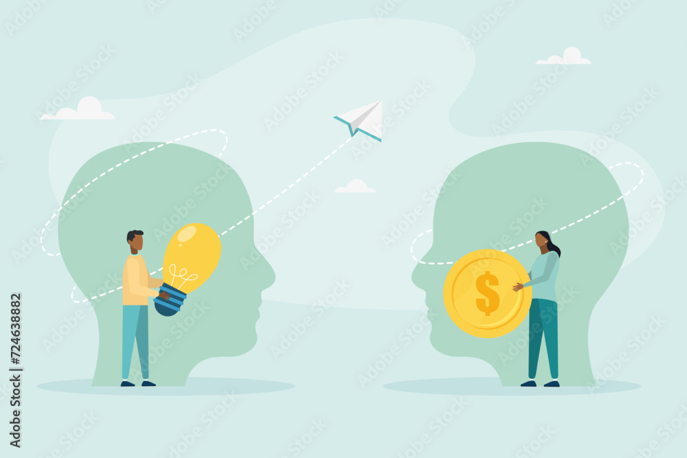 Venture capital or financial support for startups and entrepreneurial companies, money making idea or idea presentation. Concept of exchanging ideas for money. Vector illustration.
Venture capital or financial support for startups and entrepreneurial companies, money making idea or idea presentation. Concept of exchanging ideas for money. Vector illustration.