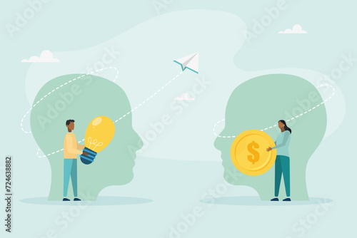 Venture capital or financial support for startups and entrepreneurial companies, money making idea or idea presentation. Concept of exchanging ideas for money. Vector illustration.
