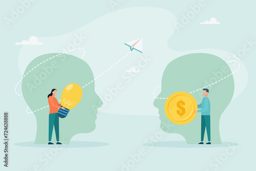 Venture capital or financial support for startups and entrepreneurial companies, money making idea or idea presentation. Concept of exchanging ideas for money. Vector illustration.
