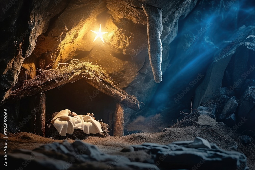 Christian Christmas scene with empty wooden manger, star of Bethlehem in cave. Birth of Jesus Christ, nativity scene background, Generative AI 