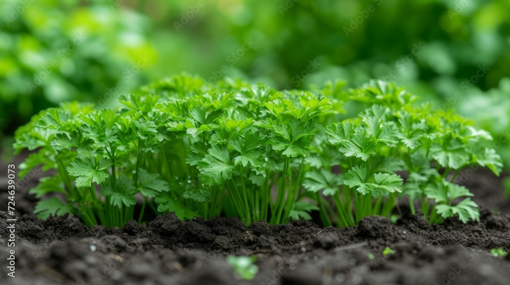 Fresh and green parsley grows in a bright beautiful garden bed Fresh and green parsley grows in a bright beautiful garden bed