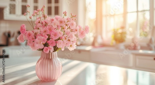 glass vases with pink flowers sitting on a kitchen island