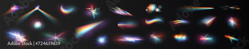 Crystal leak glare reflection effect. Optical rainbow lights, glare, leak, streak overlay. falling confetti. Vector colorful vector lenses and light flares with transparent effects.