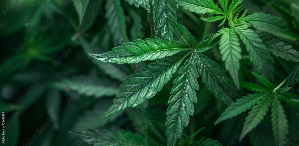 green cannabis leaves with dark background - obrazy, fototapety, plakaty 
