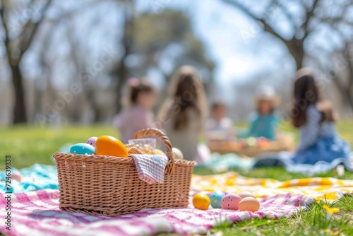Friends or family enjoying an Easter picnic in a scenic outdoor setting