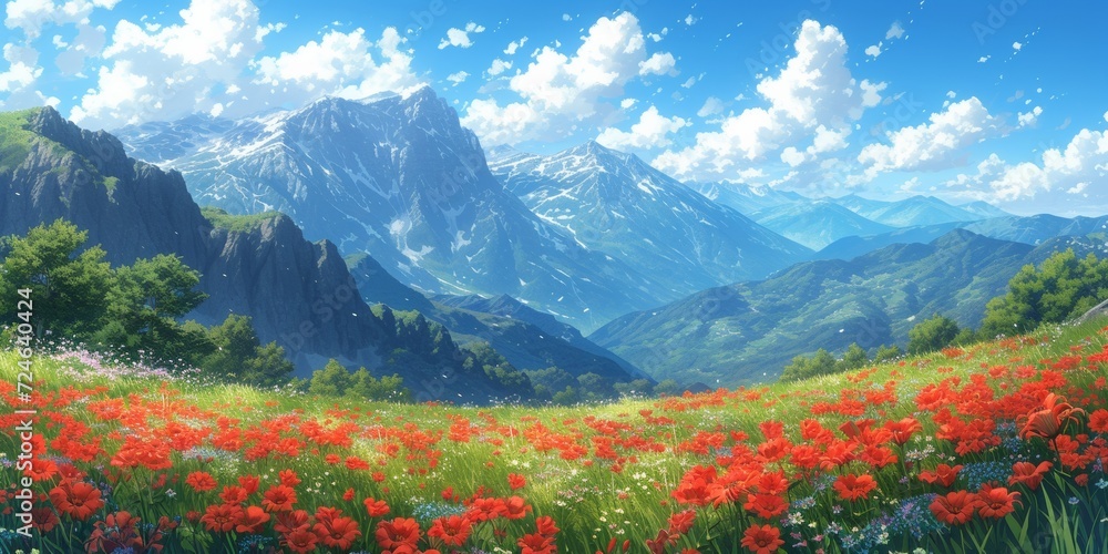 Vibrant green meadows adorned with colorful wildflowers beneath a bright blue sky.