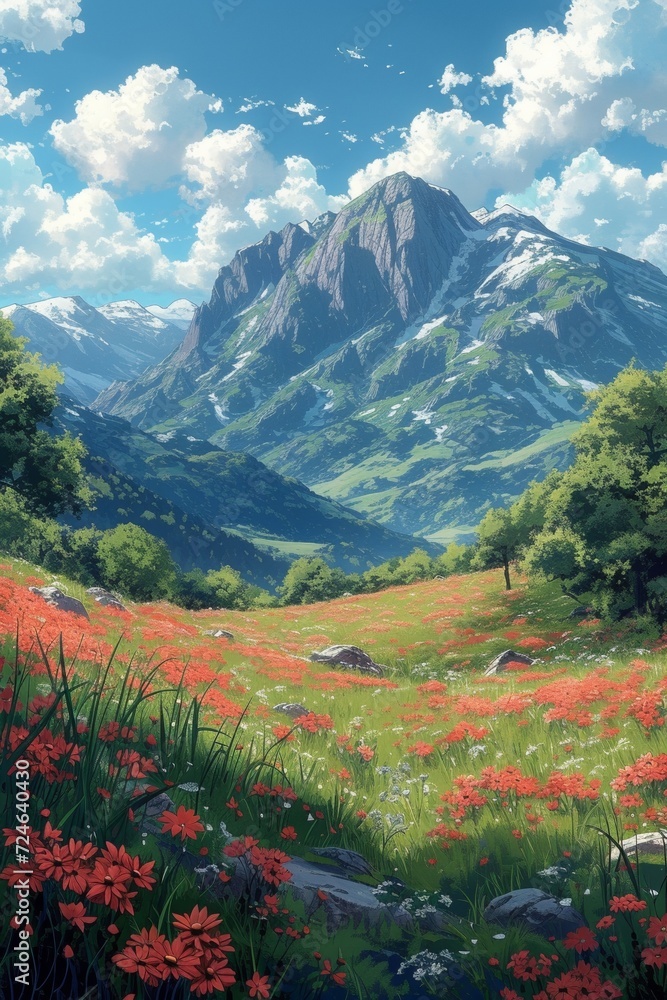 A breathtaking panorama of greenery, wildflowers, and majestic mountains under a blue sky.
