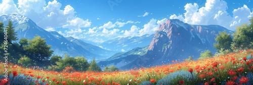 Majestic landscape in summer  blending vibrant meadows  blooming flowers  and awe-inspiring mountains under a colorful sky.