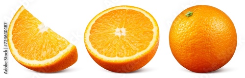 Orange slice isolated on white. Orange with slice and half on white background. Orange fruit collection with clipping path. Full depth of field.
