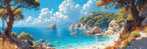Mediterranean allure: A captivating summer seascape with turquoise waters, golden shores, and scenic coastal beauty