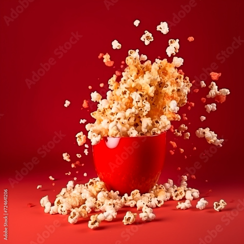  Explosion of popcorn with caramel on red background