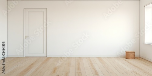 Empty and spacious bedroom with white walls, laminate floor, and built-in wardrobe, inside.