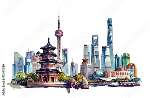 Chinese traditional and modern ancient architectural watercolor style stickers