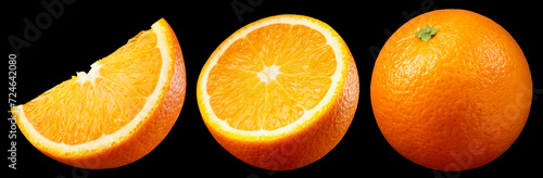 Orange isolated on black. Whole orange with half and slice on black background. Orang fruit collection with slice. Clipping path. Full depth of field. © Tim UR