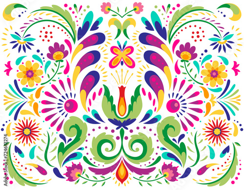 Mexican flower traditional pattern background. Ethnic embroidery decoration ornament. Flower symmetry texture. Ornate folk graphic, wallpaper. Festive mexican floral motif. illustration