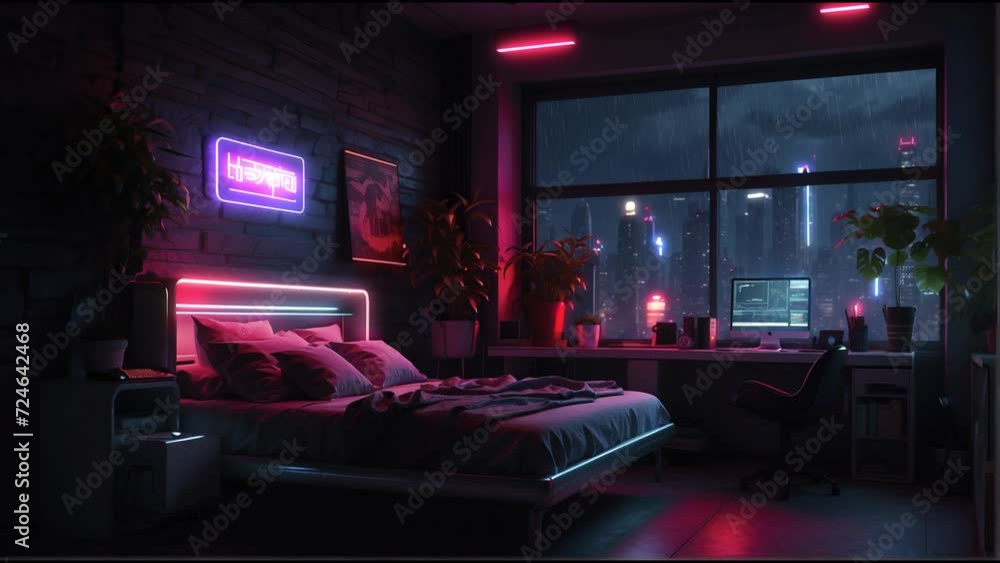 background animation loop, stream overlay. interior cozy futuristic ...