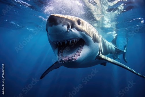 Great White Shark - Majestic Underwater Predator Hunting Near Blue Water Surface in Africa © Serhii
