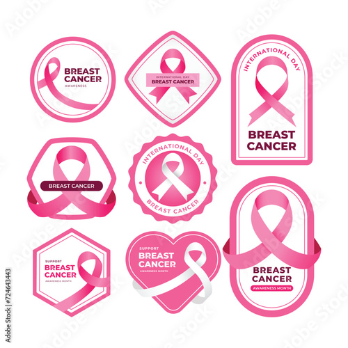 Set of Breast Cancer Awareness Label badge set collection, pink ribbon symbol of breast cancer disease vector illustration, isolated on white background, Breast Cancer awareness month card greeting.