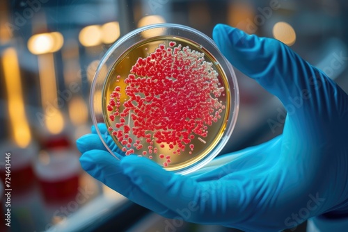 A doctor holding a dish with bacteria culture tests antibiotic resistance photo