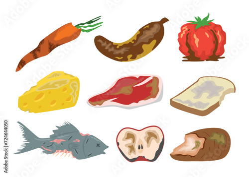Set of rotten vegetable and fruits, collection, Cartoon bad unhealthy products from kitchen litter and waste bin, moldy expired food ingredients with cheese, banana, tomato, carrot, meat, fish, apple