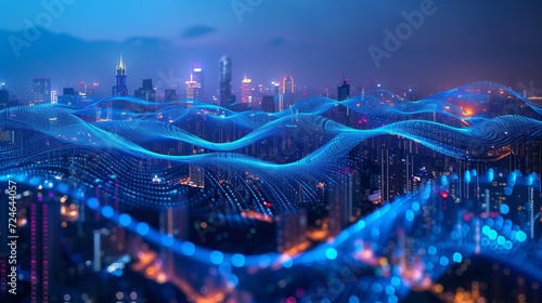 Smart city and big data connection technology concept with digital blue wavy wires with antennas on night megapolis city skyline background, double exposure photo
