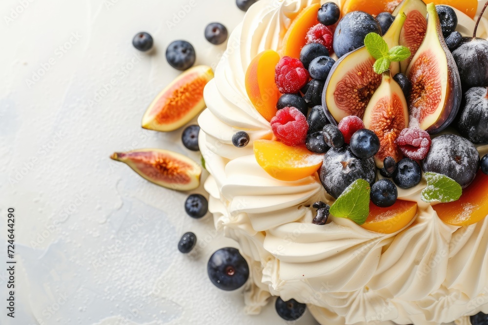 Anna Pavlova cake with peach figs blueberries and vanilla cream on a white background Anna Pavlova cake with peach figs blueberries and vanilla cream on a white background