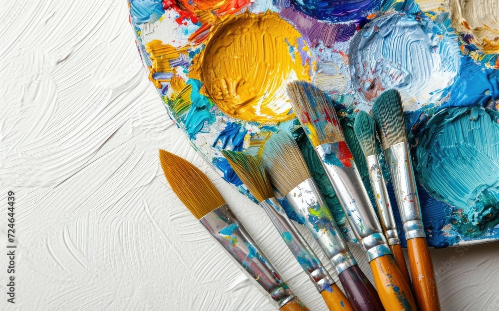 Fototapeta premium Art supplies for children s artwork featuring paintbrushes and a palette set against a white background