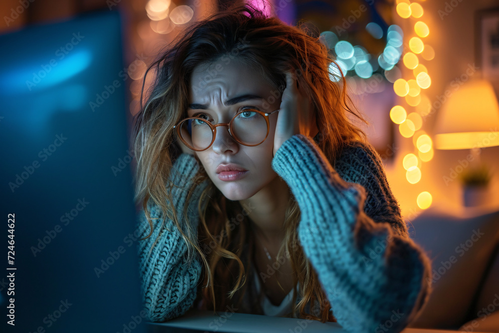 Young woman staring at laptop screen at night with bokeh lights Young woman staring at laptop screen at night with bokeh lights
