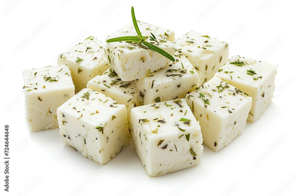 Assorted Greek feta cubes on white background isolated with clipping path