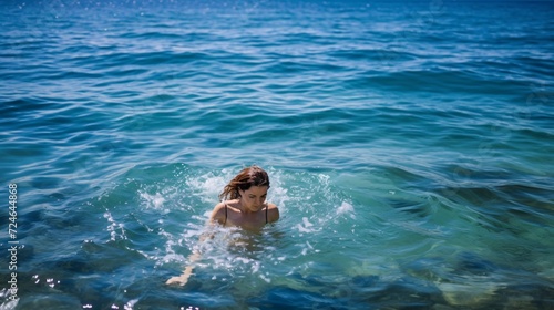 A young adult woman smiles and relaxes in the sea, beauty eyes as she enjoys a dip in the water