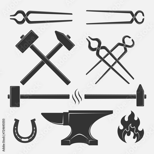 Blacksmith tools graphic icons set. Forging tools signs  collection isolated on white background. Smithy symbols. Vector illustration