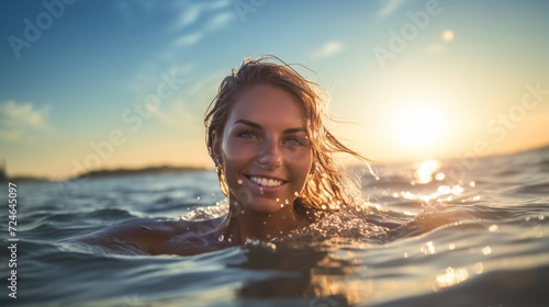 A young adult woman smiles and relaxes in the sea, beauty eyes as she enjoys a dip in the water © riccardozamboni