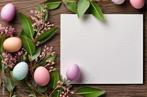 Fresh Spring flowers with Easter Eggs on Wood