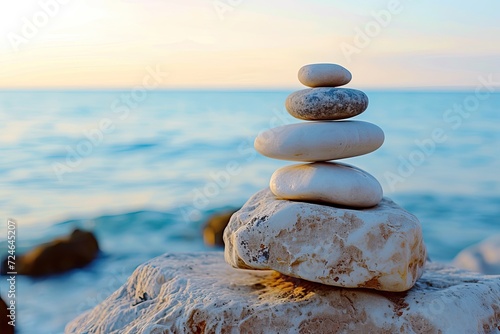 Balance and harmony rocks balanced like scales against the sea embodying Zen photo