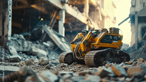 Unmanned remote-controlled search and rescue survivors robot amidst a wreckage of resident building devastated by an earthquake disaster or war. Technology for search and rescue people idea concept.	 photo